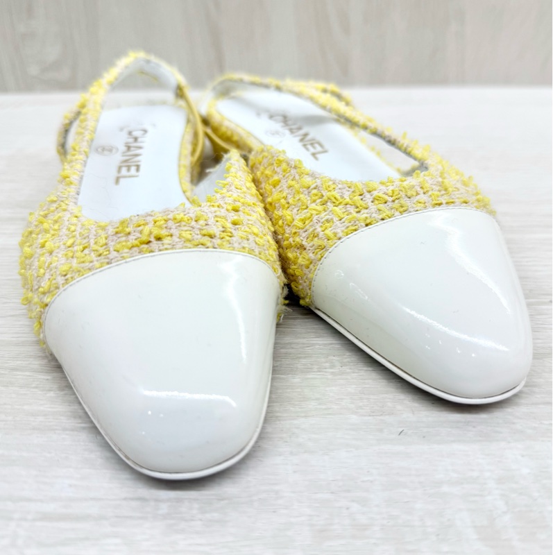 CHANEL黃色毛呢拚白皮革尖頭低跟涼鞋G31319-6