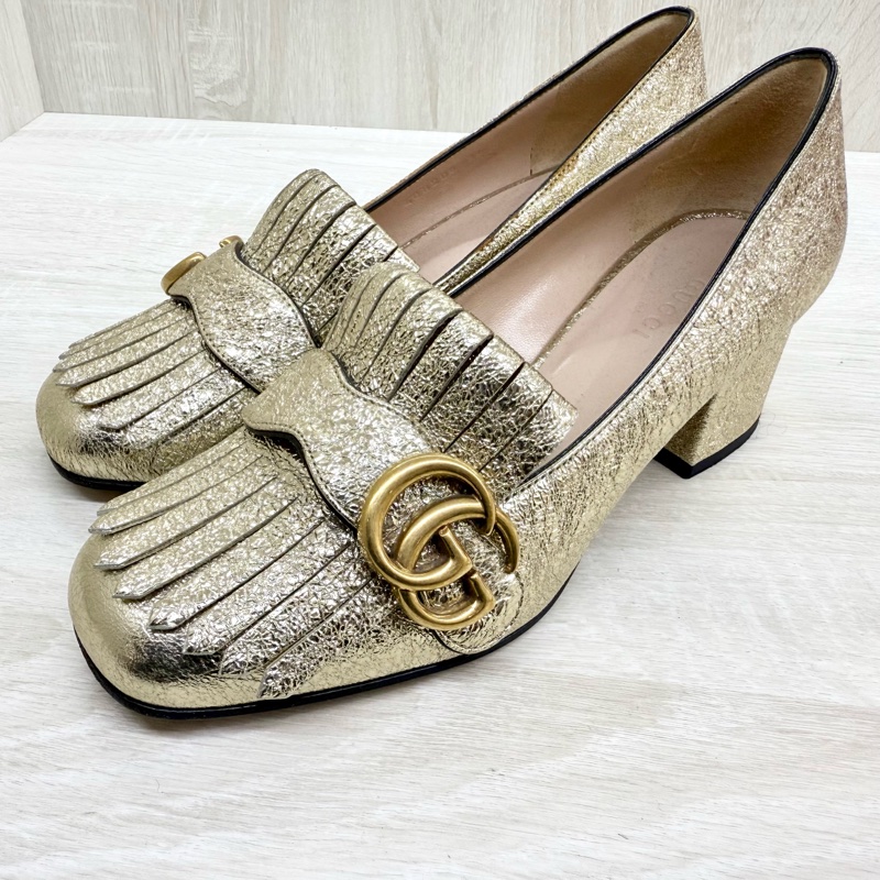 GUCCI金色流蘇LOGO粗跟高跟鞋-7