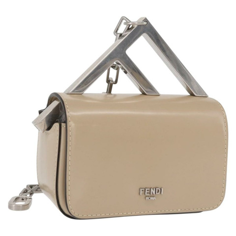 FENDI 鏈條單肩包 皮革 米色 銀色 正品 bs32416V
