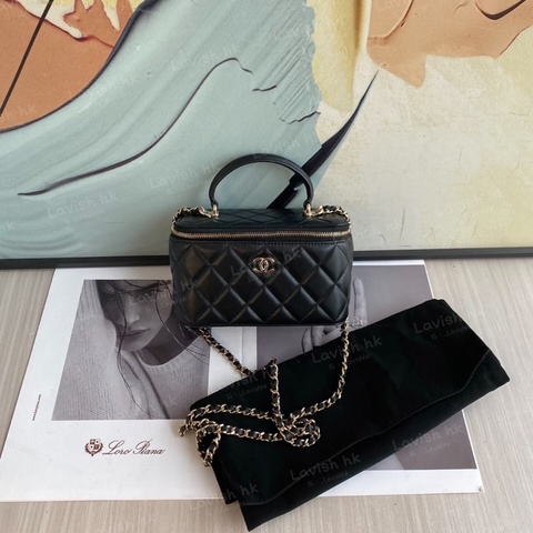 Chanel 黑金羊皮 手提化妝包