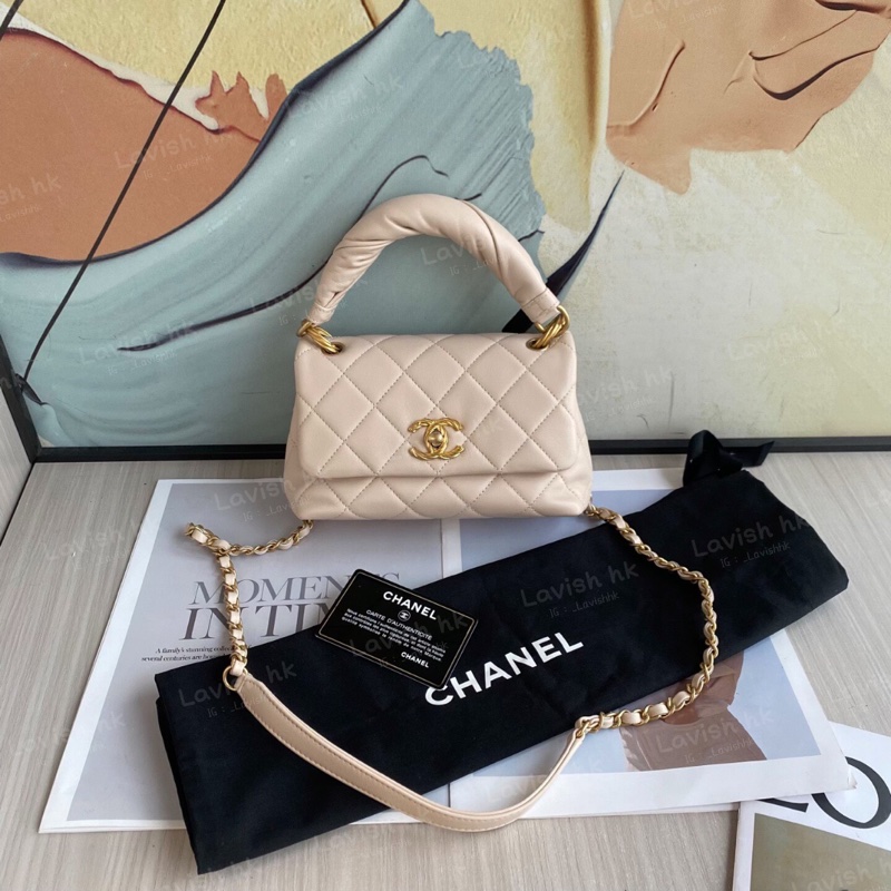 Chanel 菠蘿扣褶皺手柄coco handle 淡米色-0