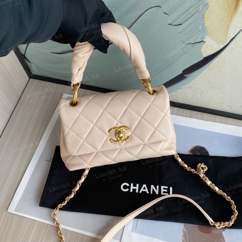 Chanel 菠蘿扣褶皺手柄coco handle 淡米色-2