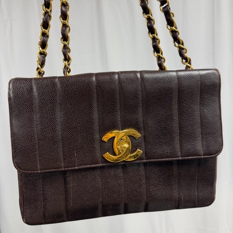 Chanel 中古 大CC 貝嫂Jumbo 巧克力 魚子醬 大金扣 豎紋
