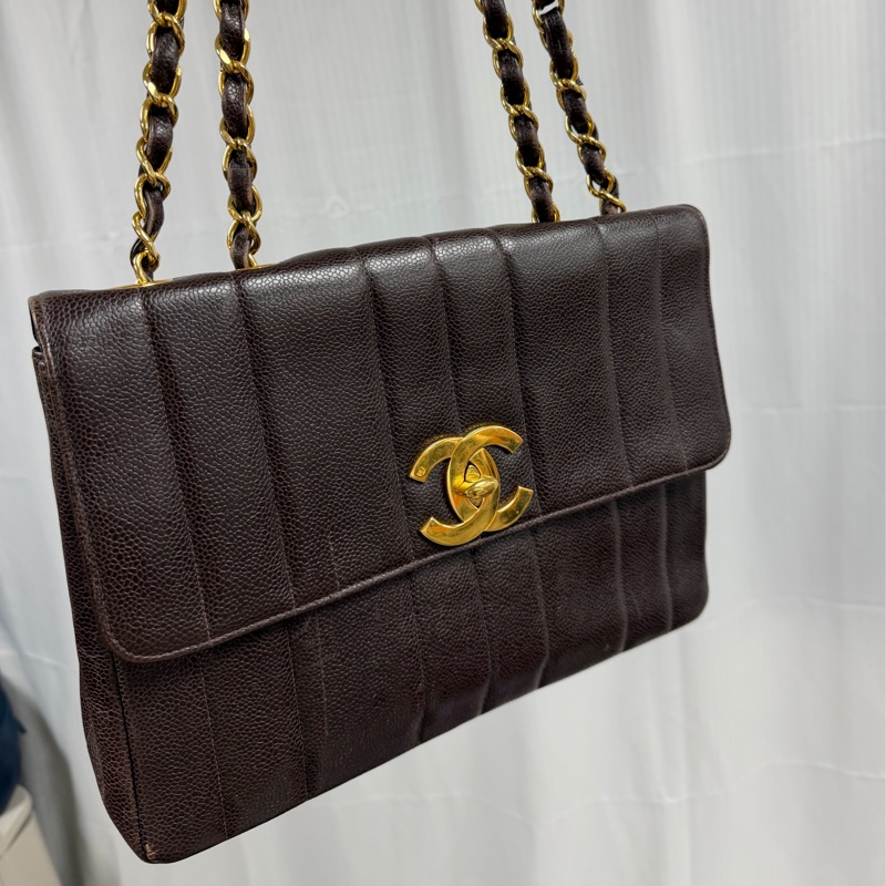 Chanel 中古 大CC 貝嫂Jumbo 巧克力 魚子醬 大金扣 豎紋-1