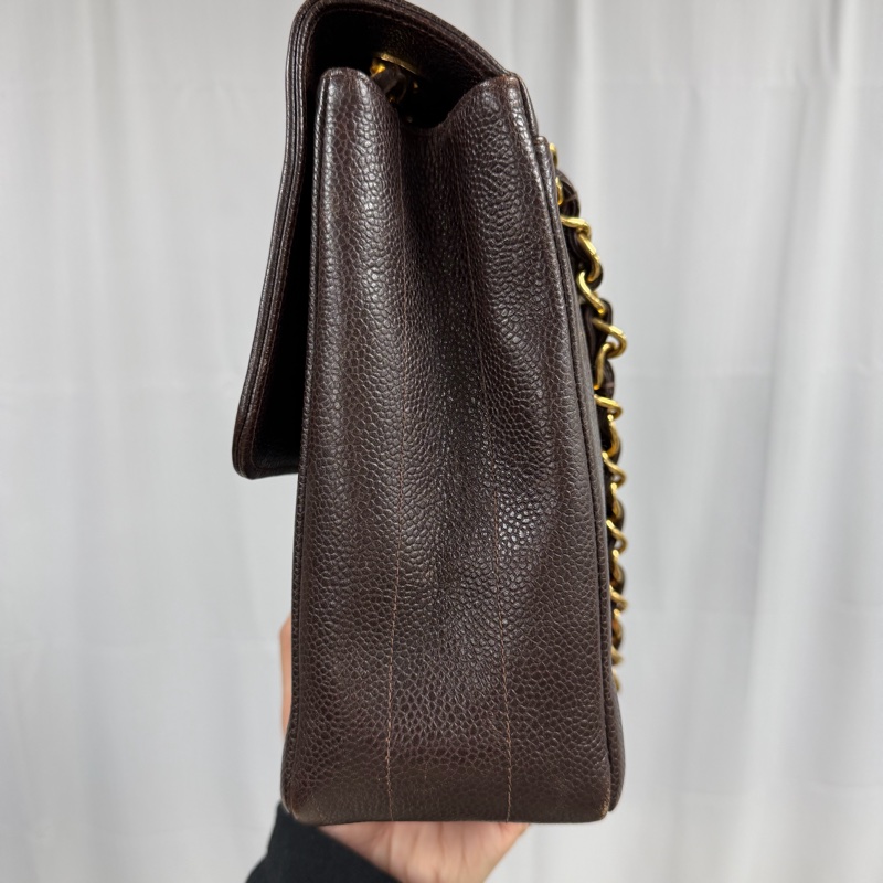 Chanel 中古 大CC 貝嫂Jumbo 巧克力 魚子醬 大金扣 豎紋-4