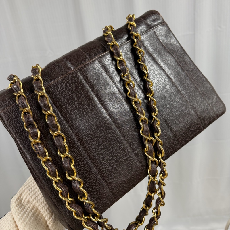 Chanel 中古 大CC 貝嫂Jumbo 巧克力 魚子醬 大金扣 豎紋-10