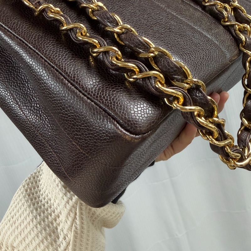 Chanel 中古 大CC 貝嫂Jumbo 巧克力 魚子醬 大金扣 豎紋-14