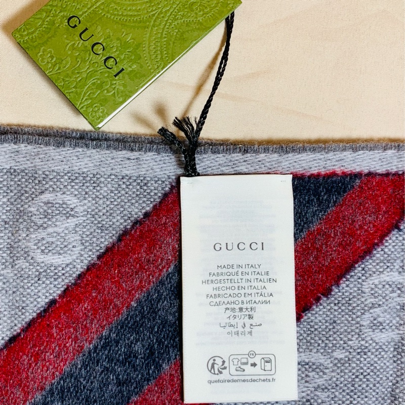 🎁全台最甜 全新含吊牌 Gucci 古馳 灰雙色滿版logo羊毛圍巾-9