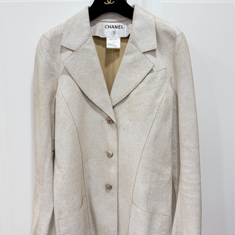 CHANEL 香奈兒 vintage 象牙白 羊皮 皮衣 皮外套 夾克 短大衣-0