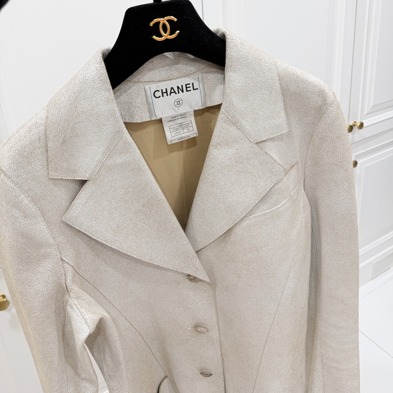 CHANEL 香奈兒 vintage 象牙白 羊皮 皮衣 皮外套 夾克 短大衣-2