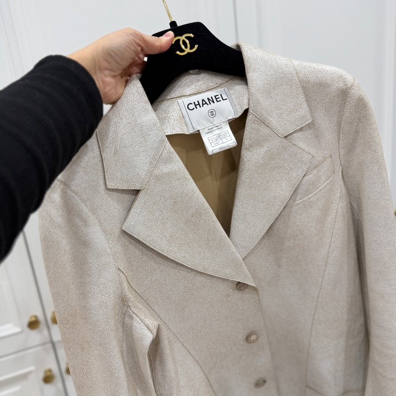 CHANEL 香奈兒 vintage 象牙白 羊皮 皮衣 皮外套 夾克 短大衣-3