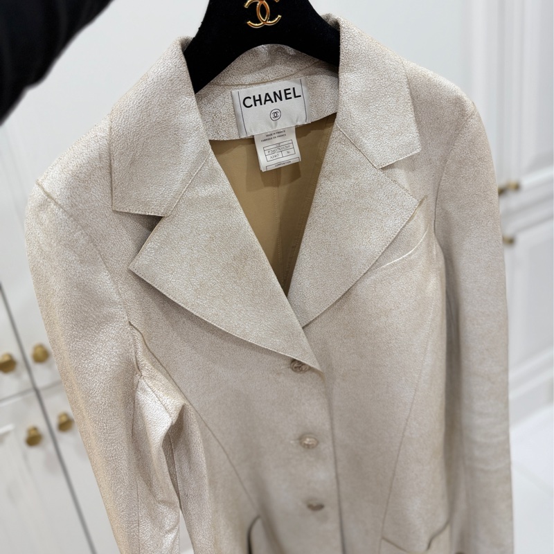 CHANEL 香奈兒 vintage 象牙白 羊皮 皮衣 皮外套 夾克 短大衣-4