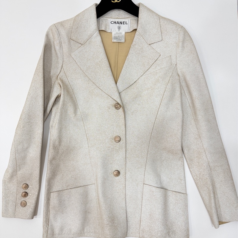 CHANEL 香奈兒 vintage 象牙白 羊皮 皮衣 皮外套 夾克 短大衣-5