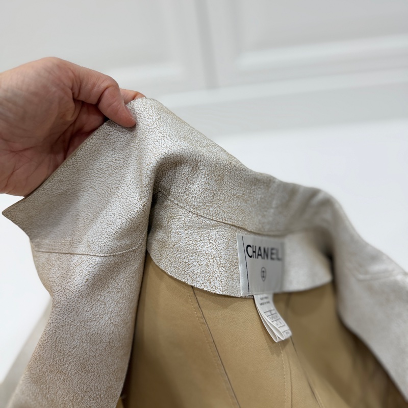 CHANEL 香奈兒 vintage 象牙白 羊皮 皮衣 皮外套 夾克 短大衣-11