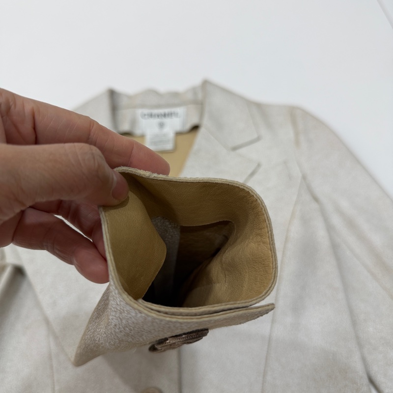 CHANEL 香奈兒 vintage 象牙白 羊皮 皮衣 皮外套 夾克 短大衣-13