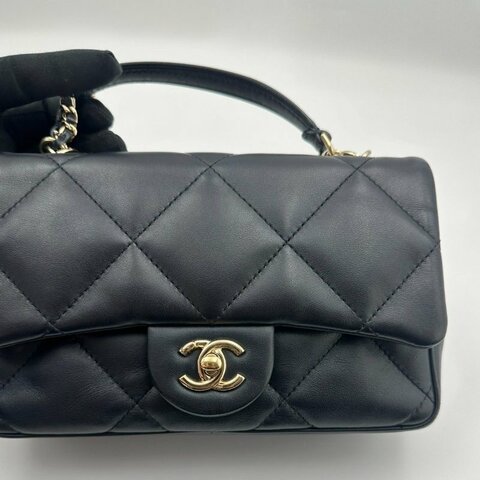 香奈兒/Chanel CF 手柄大Mini Handle 海軍藍菱格紋金扣羊皮 鏈條斜背手提包