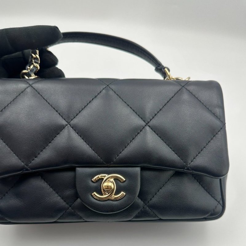 香奈兒/Chanel CF 手柄大Mini Handle 海軍藍菱格紋金扣羊皮 鏈條斜背手提包-0