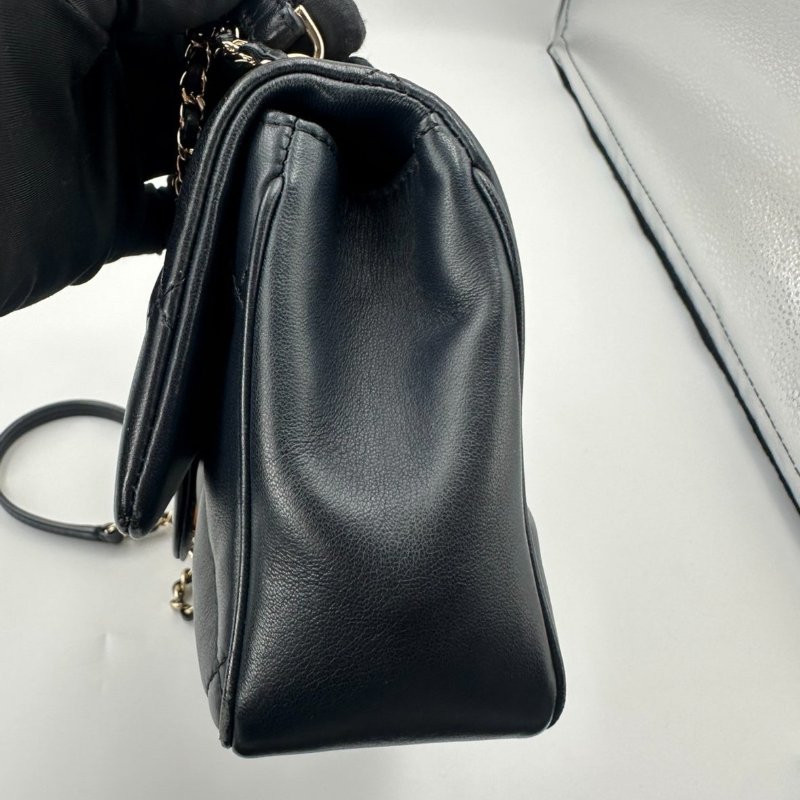 香奈兒/Chanel CF 手柄大Mini Handle 海軍藍菱格紋金扣羊皮 鏈條斜背手提包-2