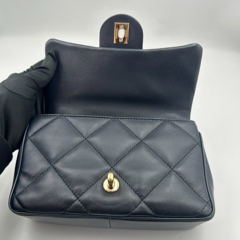 香奈兒/Chanel CF 手柄大Mini Handle 海軍藍菱格紋金扣羊皮 鏈條斜背手提包-4