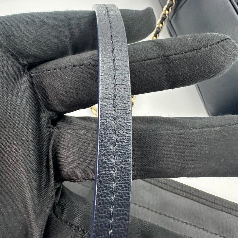 香奈兒/Chanel CF 手柄大Mini Handle 海軍藍菱格紋金扣羊皮 鏈條斜背手提包-5