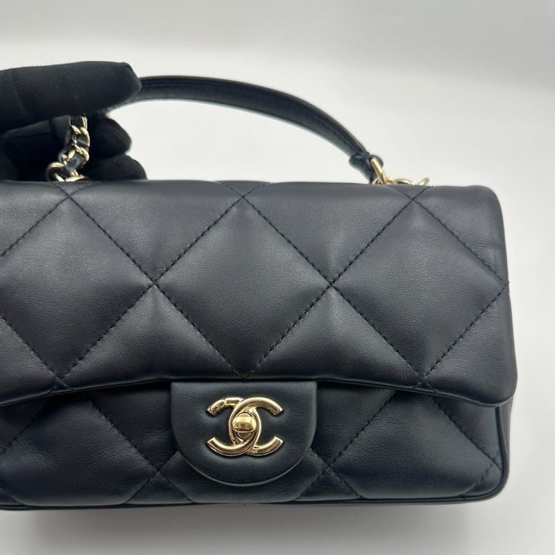 香奈兒/Chanel CF 手柄大Mini Handle 海軍藍菱格紋金扣羊皮 鏈條斜背手提包-6