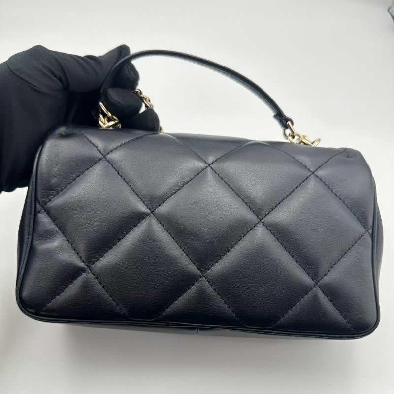 香奈兒/Chanel CF 手柄大Mini Handle 海軍藍菱格紋金扣羊皮 鏈條斜背手提包-7