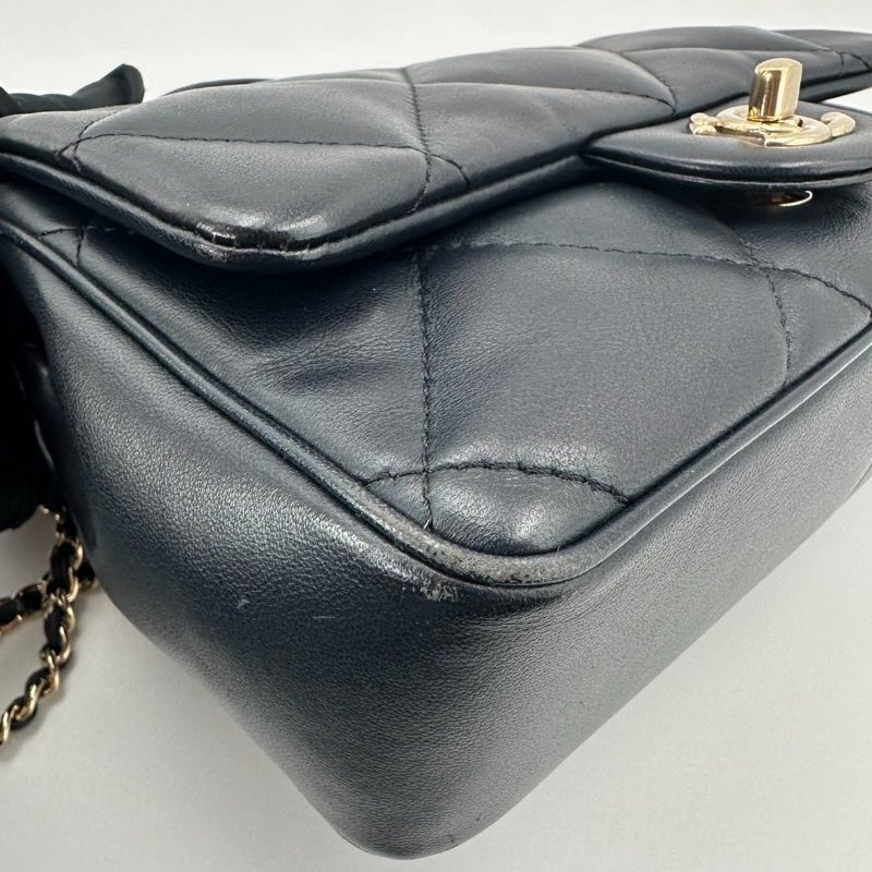 香奈兒/Chanel CF 手柄大Mini Handle 海軍藍菱格紋金扣羊皮 鏈條斜背手提包-9