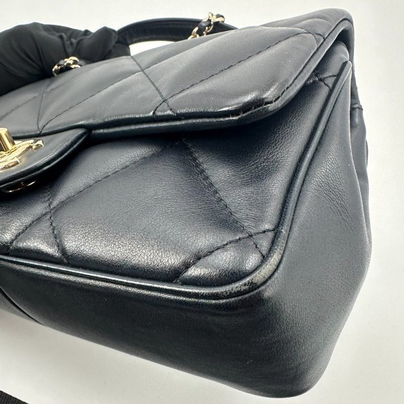 香奈兒/Chanel CF 手柄大Mini Handle 海軍藍菱格紋金扣羊皮 鏈條斜背手提包-10