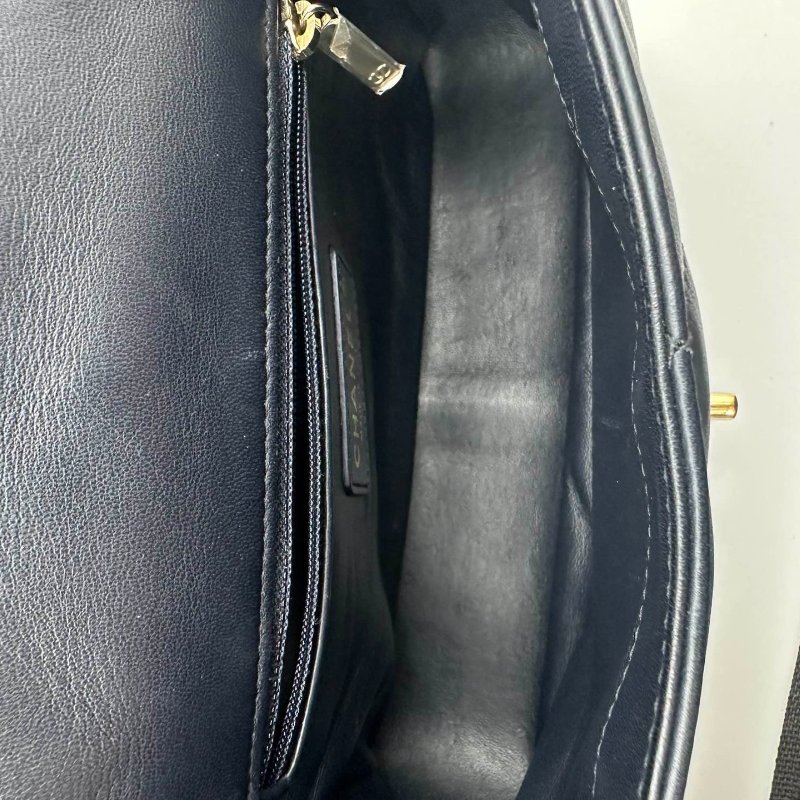 香奈兒/Chanel CF 手柄大Mini Handle 海軍藍菱格紋金扣羊皮 鏈條斜背手提包-13