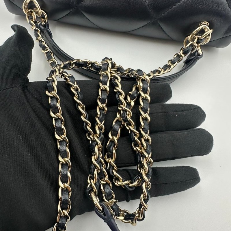 香奈兒/Chanel CF 手柄大Mini Handle 海軍藍菱格紋金扣羊皮 鏈條斜背手提包-14