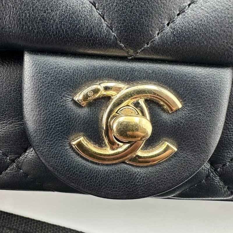 香奈兒/Chanel CF 手柄大Mini Handle 海軍藍菱格紋金扣羊皮 鏈條斜背手提包-15