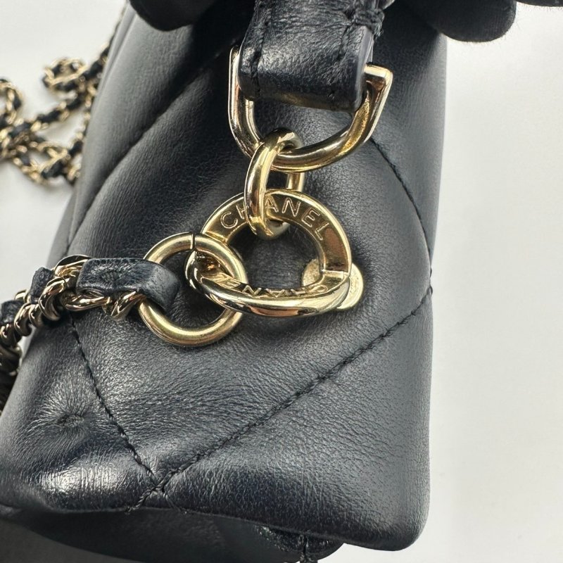 香奈兒/Chanel CF 手柄大Mini Handle 海軍藍菱格紋金扣羊皮 鏈條斜背手提包-16