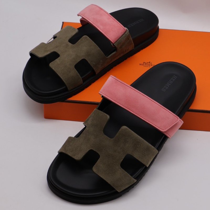 HERMES Chypre 麂皮拖鞋 - 灰綠 / 沙丘粉 41-0