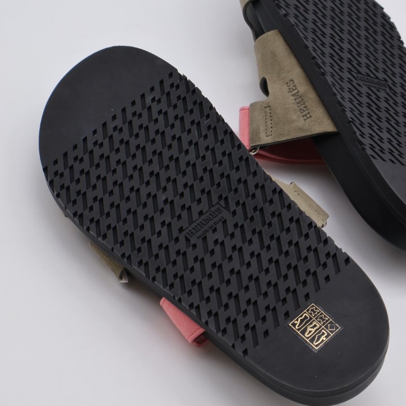 HERMES Chypre 麂皮拖鞋 - 灰綠 / 沙丘粉 41-2