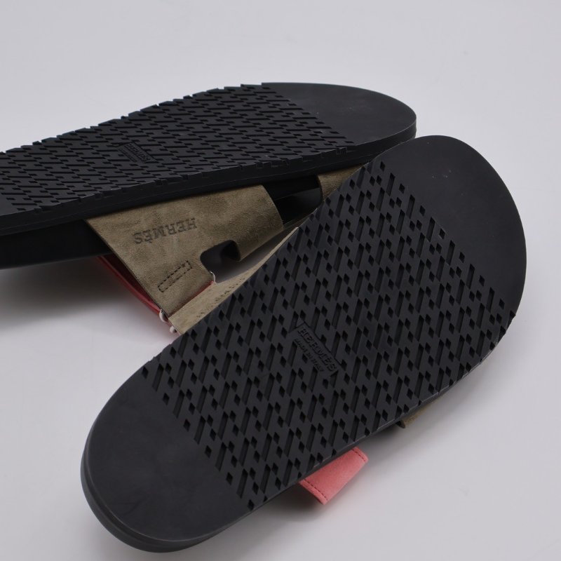 HERMES Chypre 麂皮拖鞋 - 灰綠 / 沙丘粉 41-3