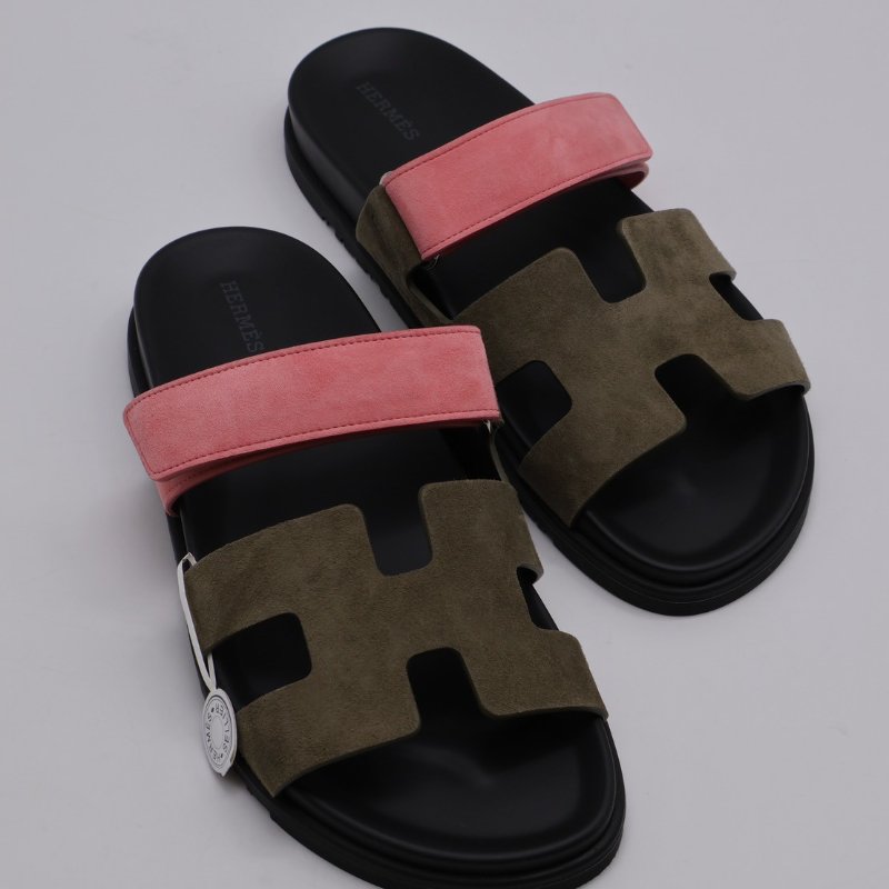 HERMES Chypre 麂皮拖鞋 - 灰綠 / 沙丘粉 41-4