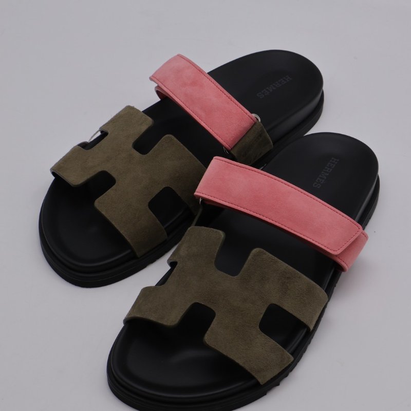 HERMES Chypre 麂皮拖鞋 - 灰綠 / 沙丘粉 41-5