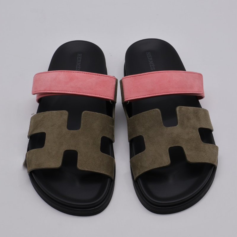 HERMES Chypre 麂皮拖鞋 - 灰綠 / 沙丘粉 41-6