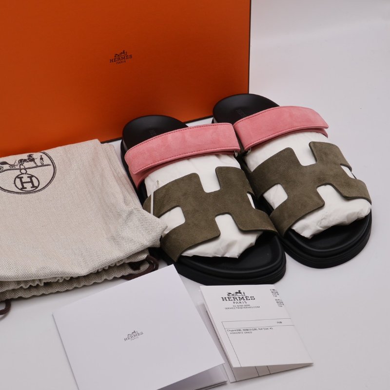 HERMES Chypre 麂皮拖鞋 - 灰綠 / 沙丘粉 41-7