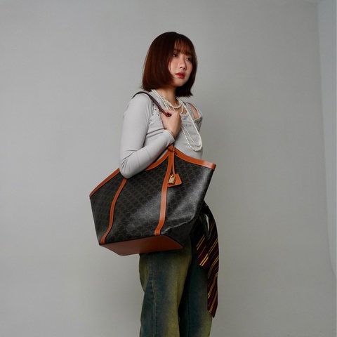 Celine Large Cabas 印花帆布拚牛皮大號托特包(黃褐色)