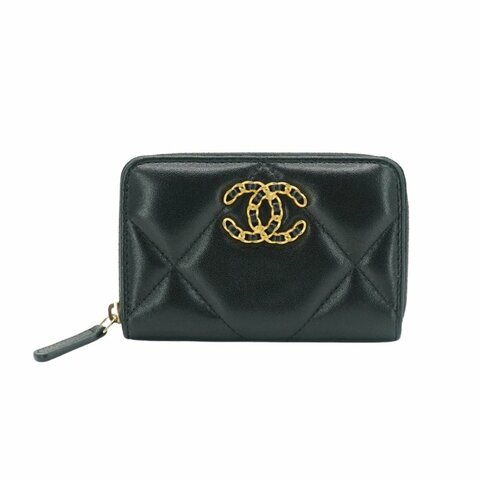 Chanel 展示品 19 雙C金Logo羊皮拉鍊零錢包(AP3653-黑)