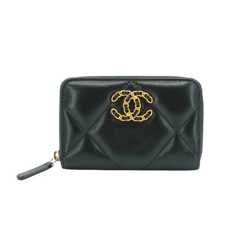 Chanel 展示品 19 雙C金Logo羊皮拉鍊零錢包(AP3653-黑)-0
