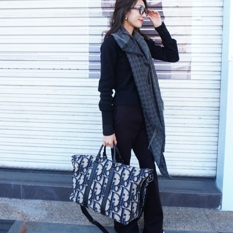 Dior Weekender 40 Oblique 緹花布拼小牛皮二用旅行袋-40cm(米/黑)-0
