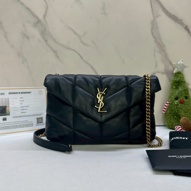 YSL Mini Puffer黑金羊皮鏈包-0