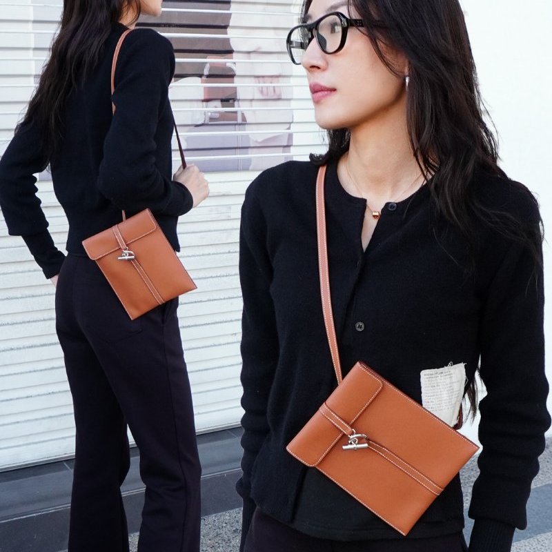 Hermes 展示品 Glenan To Go Swift牛皮銀釦斜背包(棕)-0