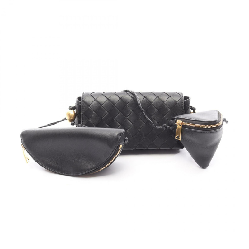 BOTTEGA VENETA Intrecciato 編織斜背單肩包，黑色皮革，二手女款-0