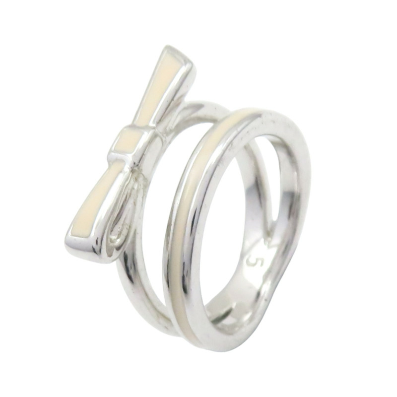 銀色鍍金 米白色琺瑯 蝴蝶結 戒指【Dior 迪奧】-0