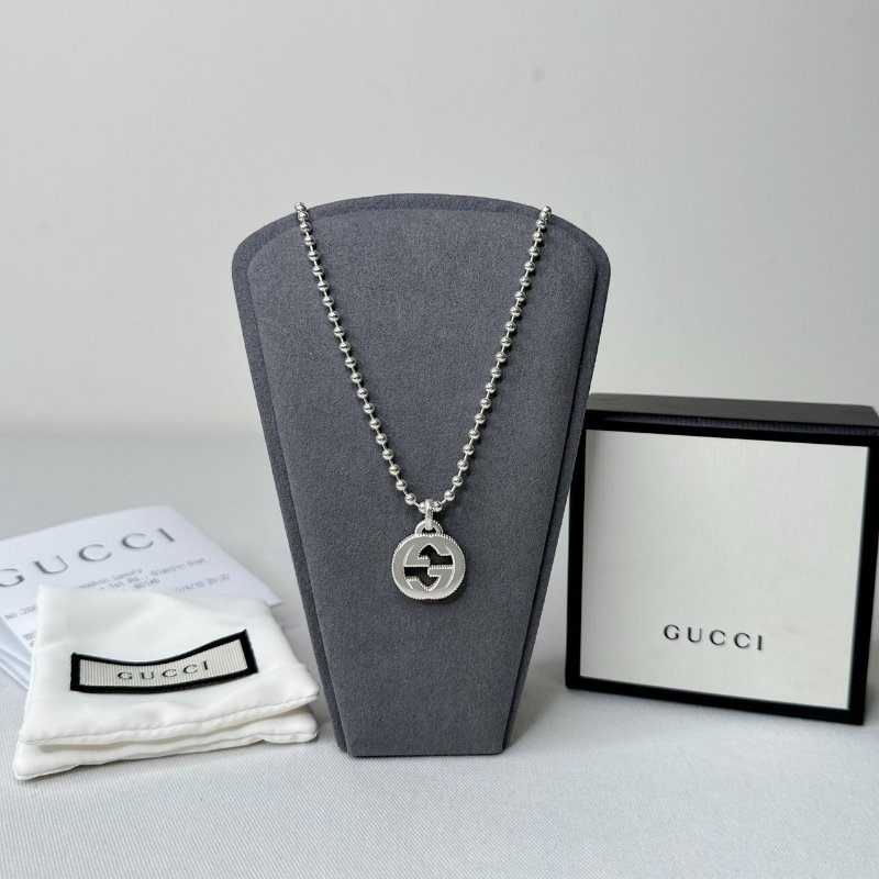 GUCCI 雙G墜飾圓珠925純銀項鍊-0