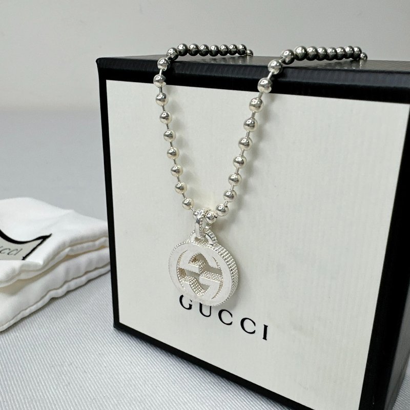 GUCCI 雙G墜飾圓珠925純銀項鍊-2