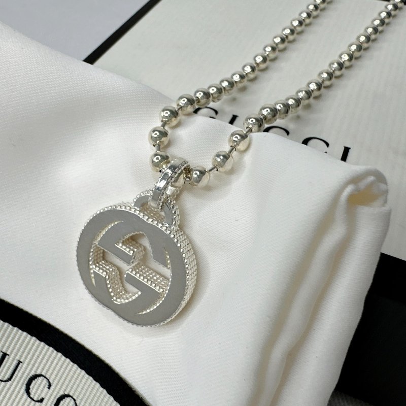 GUCCI 雙G墜飾圓珠925純銀項鍊-4